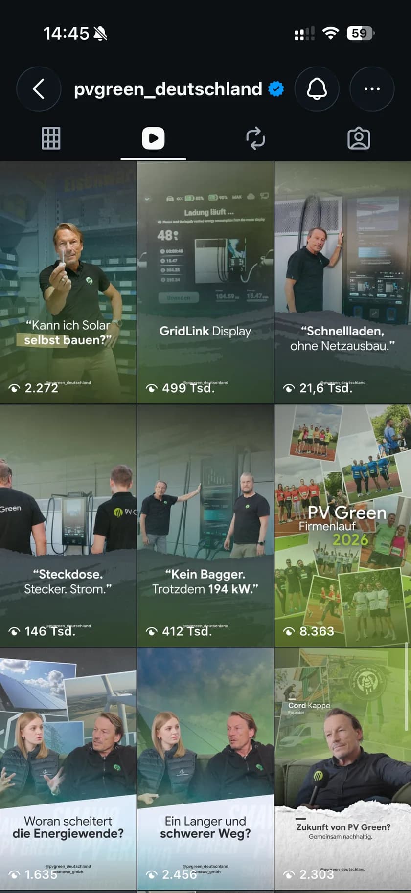 Instagram-Profil von PV Green Deutschland: Reels mit bis zu 499.000 Aufrufen
