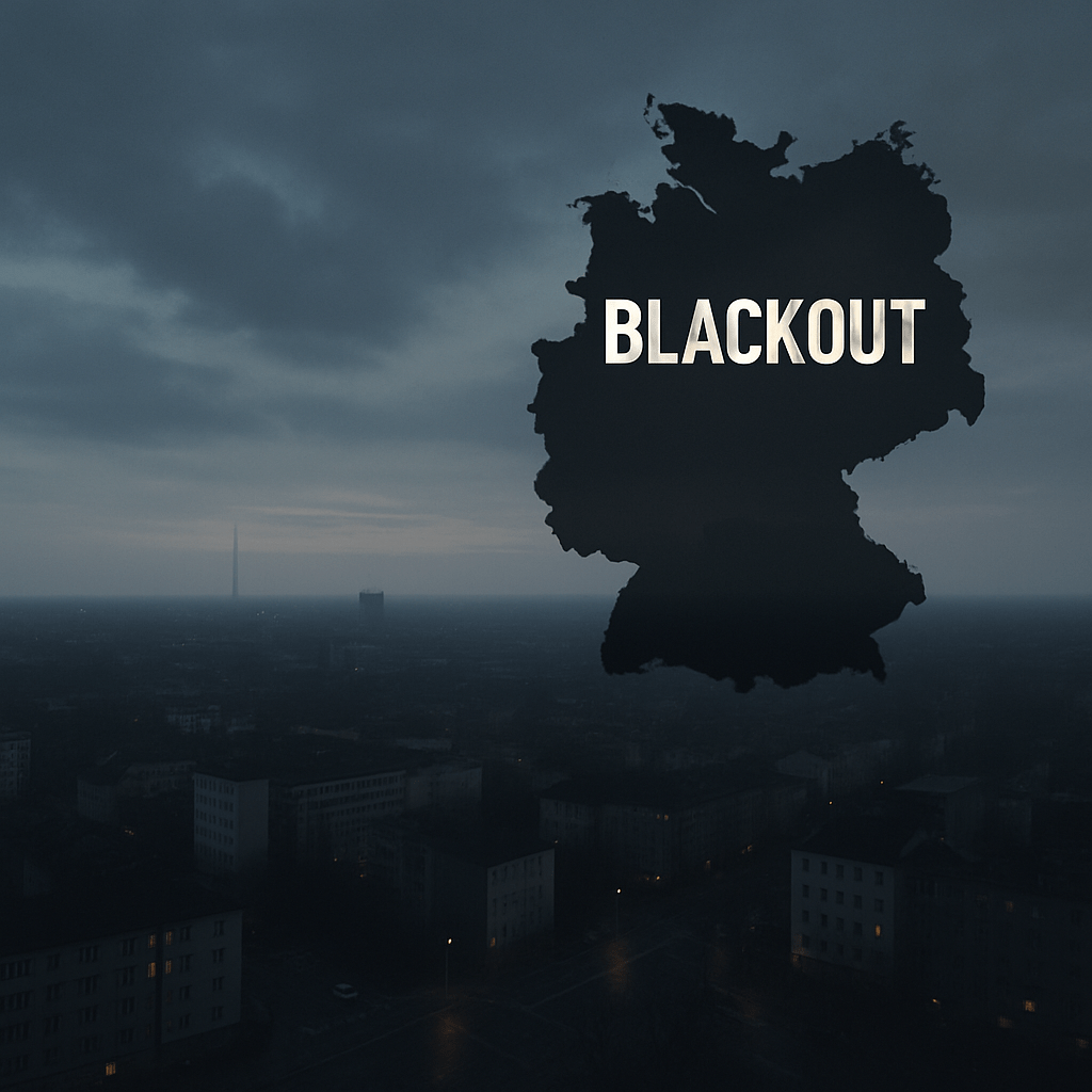 Düstere Skyline bei Stromausfall, mit schwarzer Deutschlandkarte und dem Schriftzug ‚BLACKOUT‘. Symbolbild für Stromkrise oder Netzstörung in Deutschland.